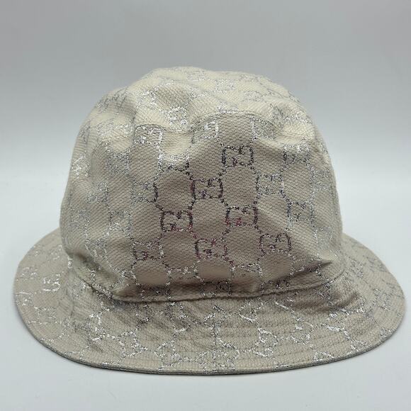 GUCCI White Silver Lame GG Monogram Bucket Hat Sz XL main image 5